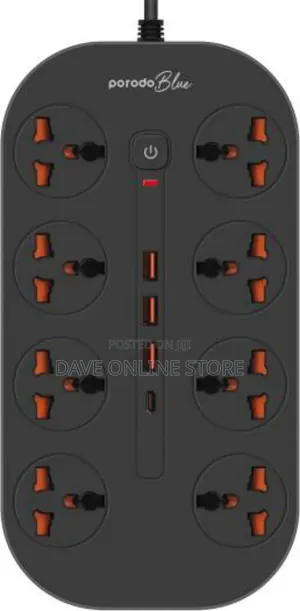 Porodo Blue Universal 8 Ac Power Socket, 1 Usb-C - Black