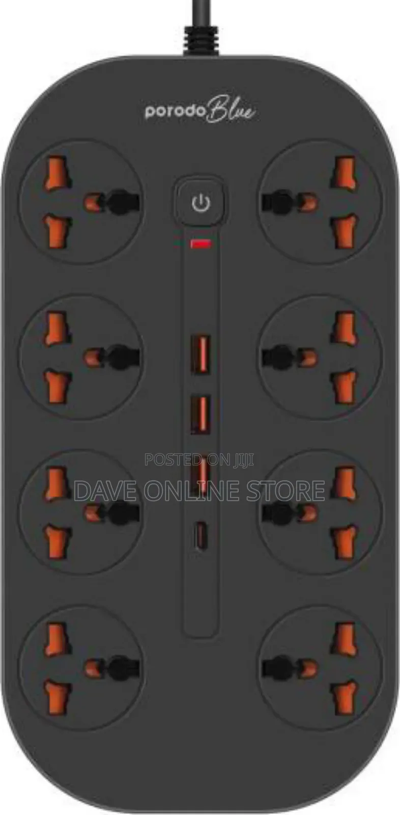 Porodo Blue Universal 8 Ac Power Socket, 1 Usb-C - Black