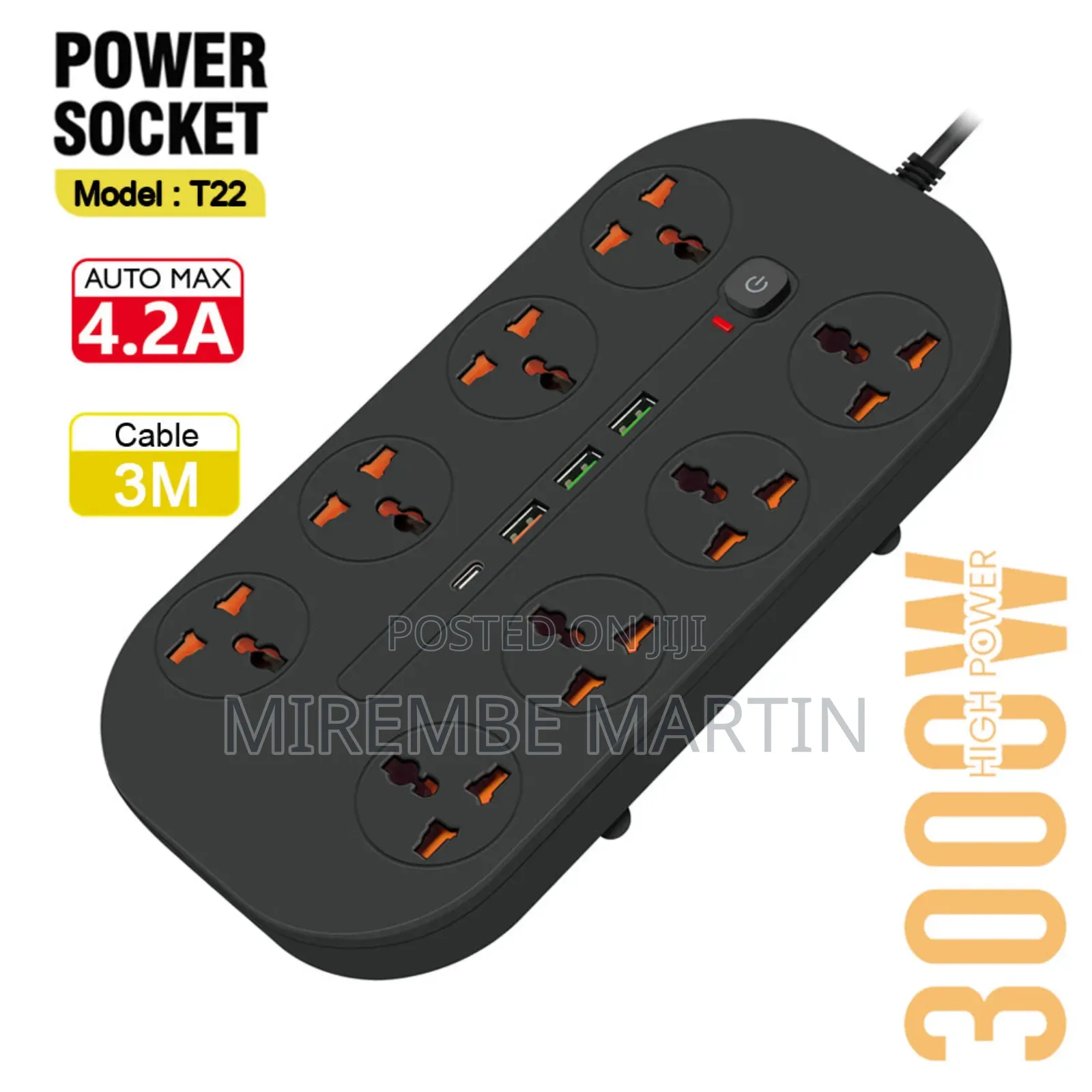 Power Socket- 8 Ac Auto Max 4.2a 3000w/ Cable 3m