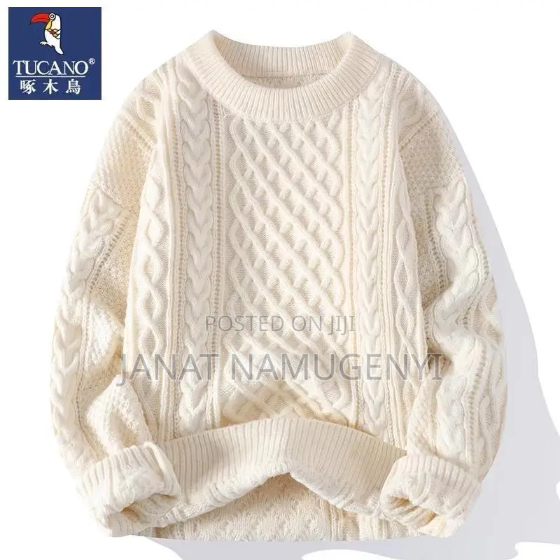 Plain White Round Neck Sweater With Knitted Design