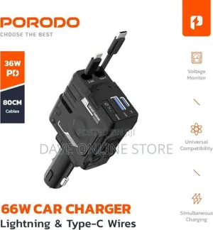 Porodo 4in1 Retractable 66w Car Charger - Black