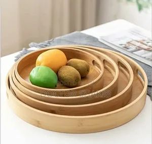 Strong Bamboo Round Wooden Natural Serving Trays - 4pcs