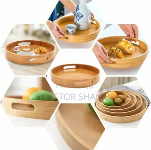 Strong Bamboo Round Wooden Natural Serving Trays - 4pcs