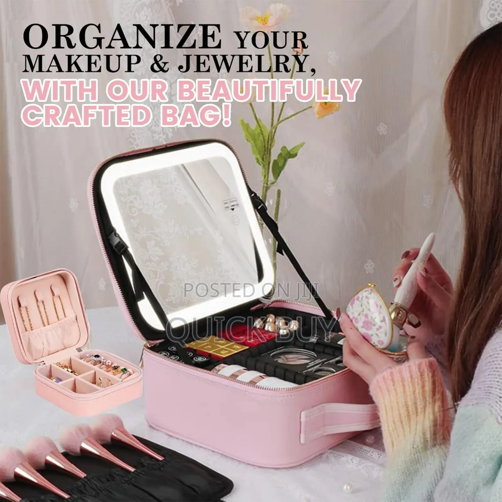 Travel Make Up Organiser Bag With Led Light Vanity Mirror