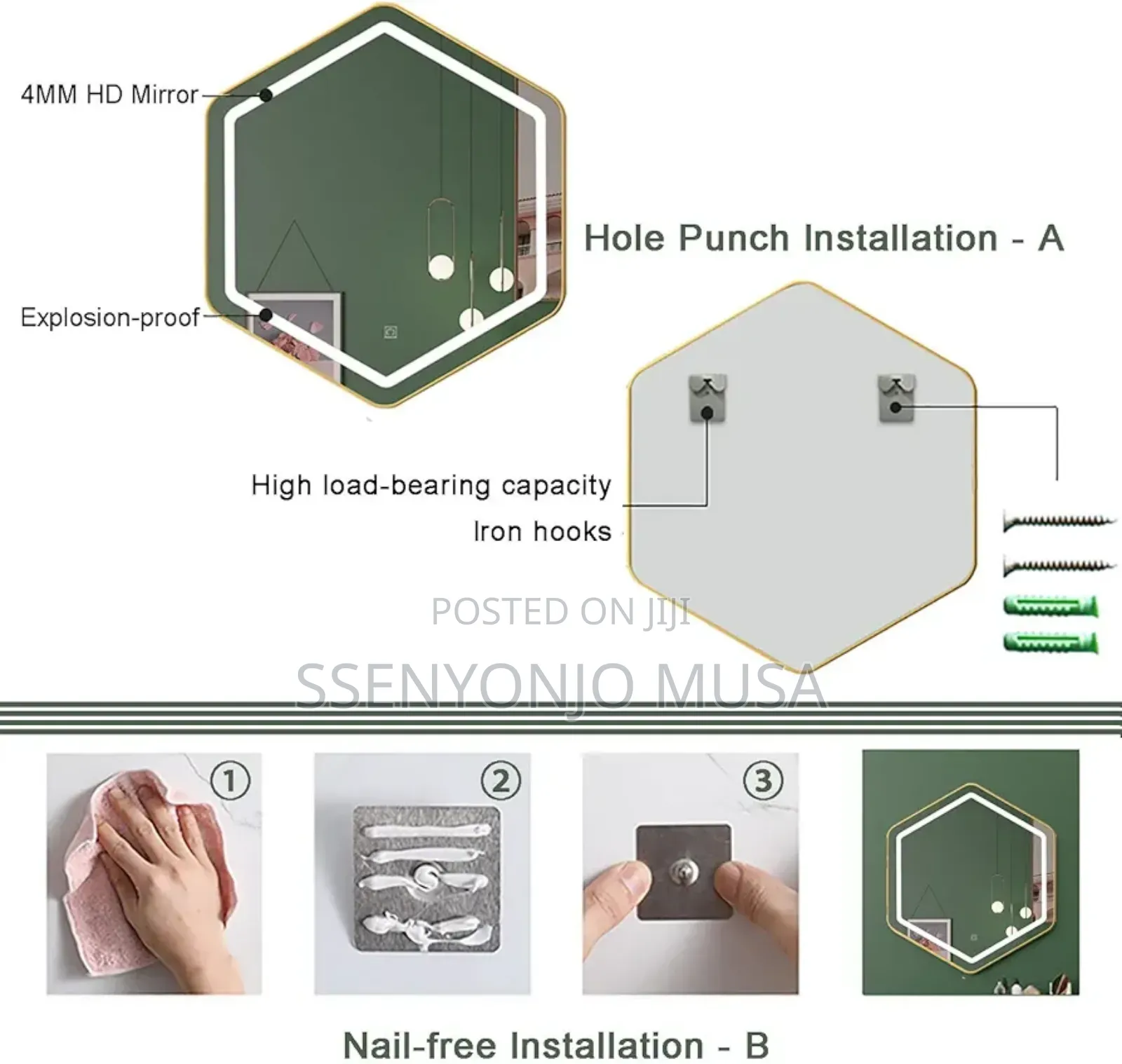 Modern Hexagonal Led Wall Mounted Mirror - Touch Sensor.