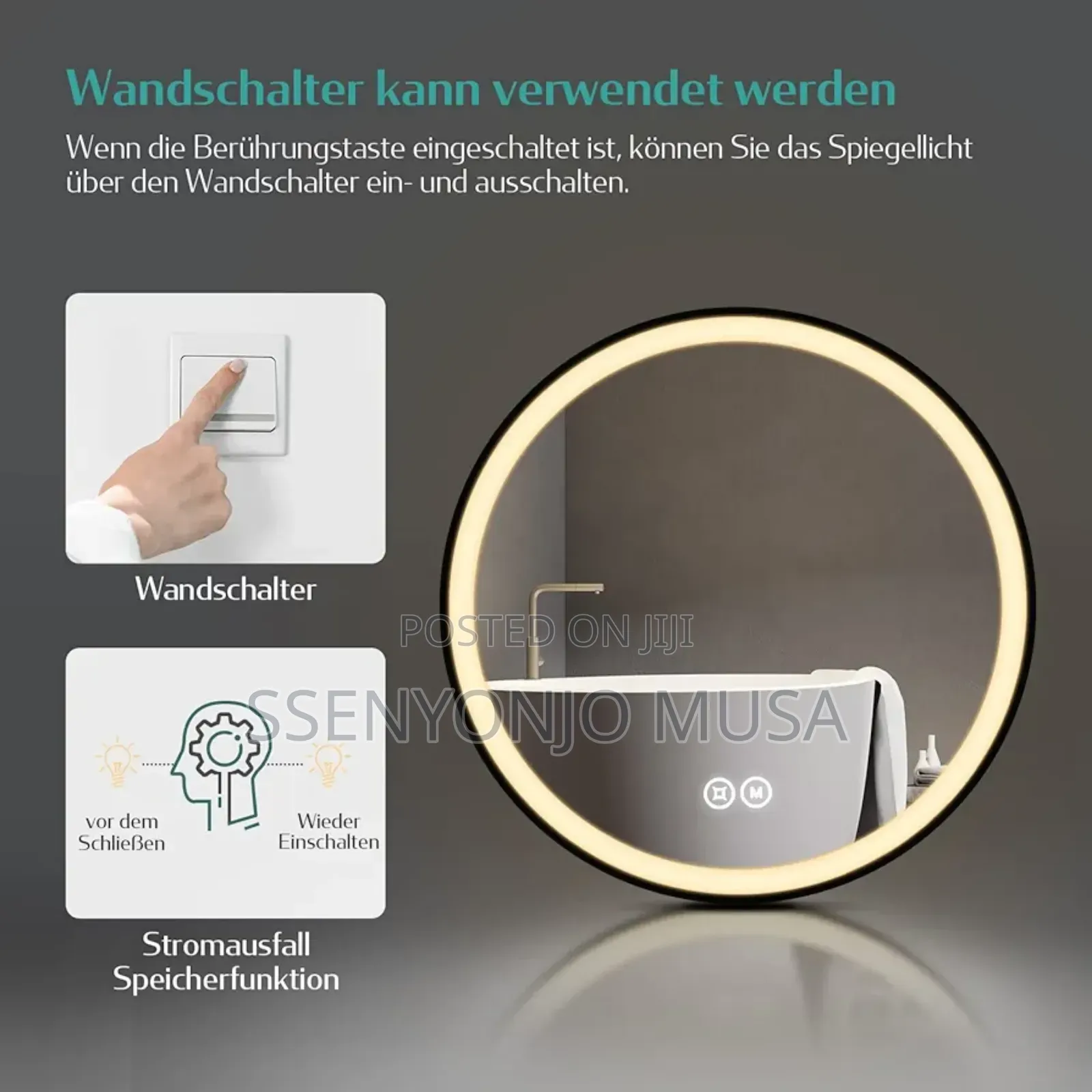 600x600mm Led Bathroom Mirror - Round, Touch Switch, 3 Color