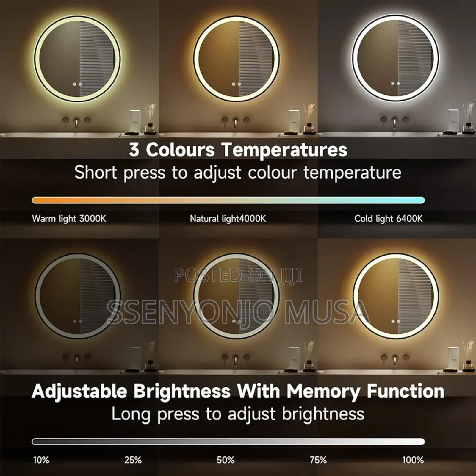 600x600mm Led Bathroom Mirror - Round, Touch Switch, 3 Color