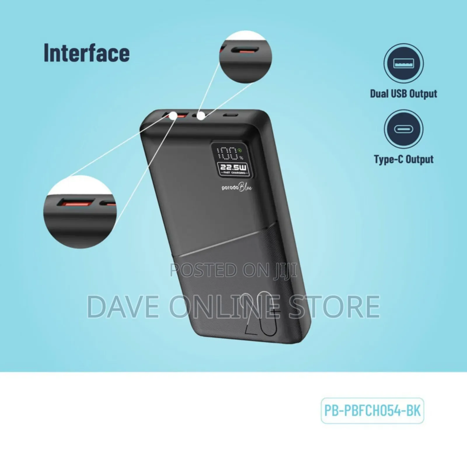 Porodo Blue 20000mah Powerbank Type-C Usb a _Black