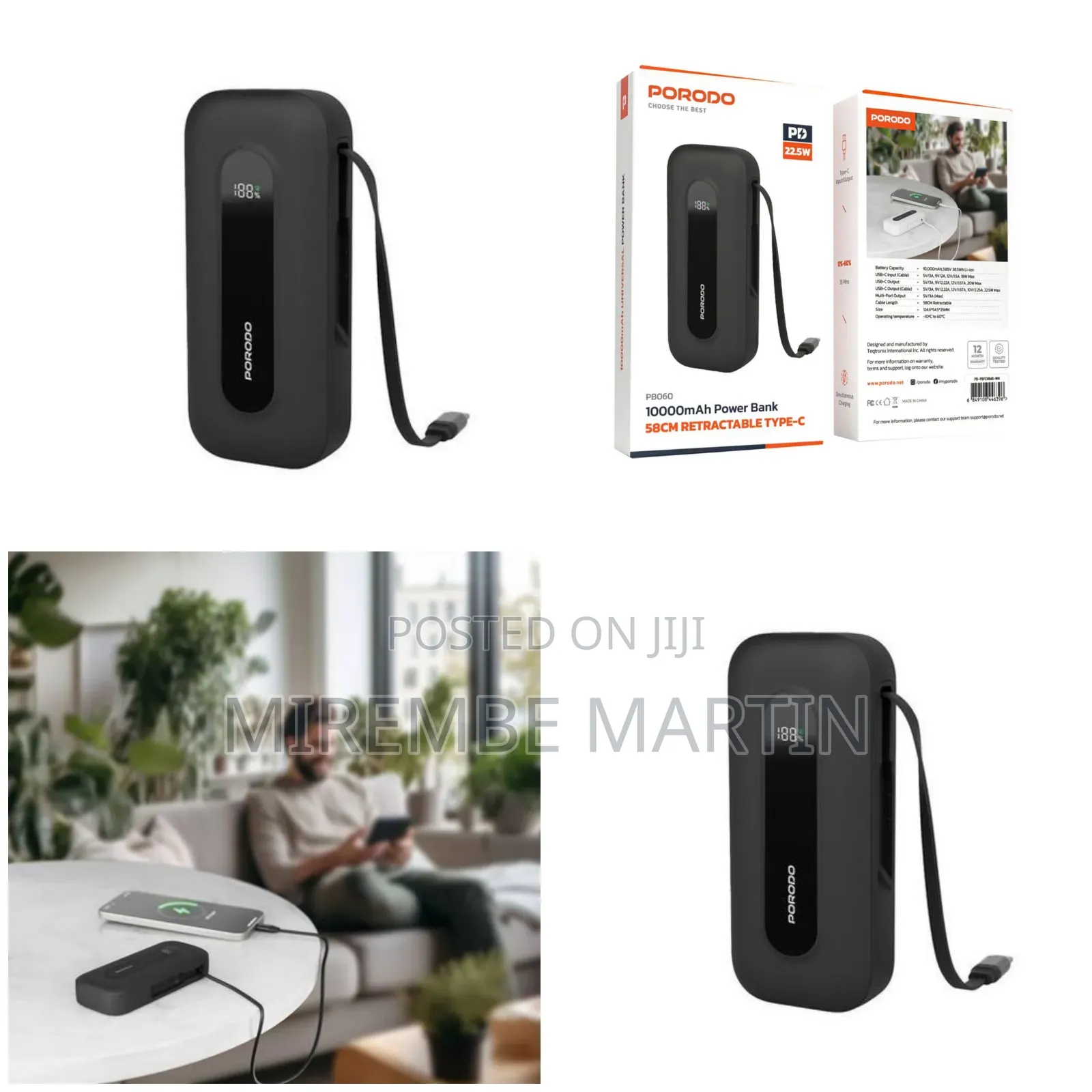 10000mah Power Bank 58cm Retractable Cable Type-C Input