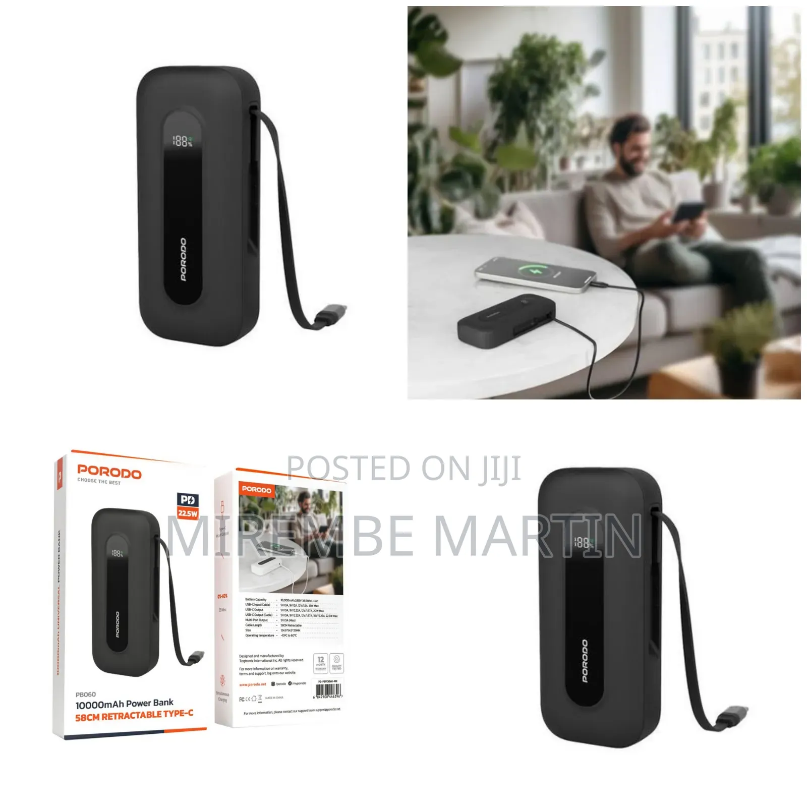 10000mah Power Bank 58cm Retractable Cable Type-C Input