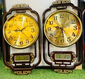 Fiber Made Wood Color Golden Wall Clock