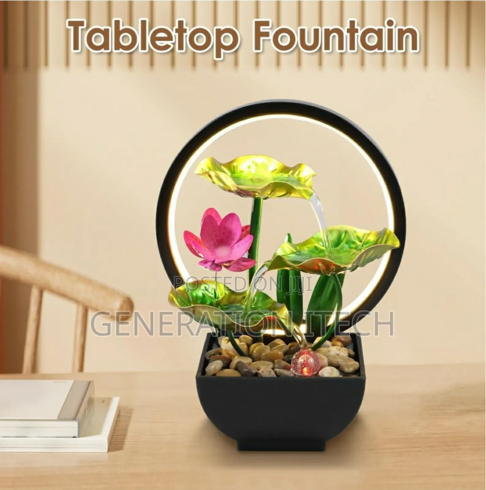 Tabletop Fountain With Rocks, Led Ring Lights, 3-Waterfall