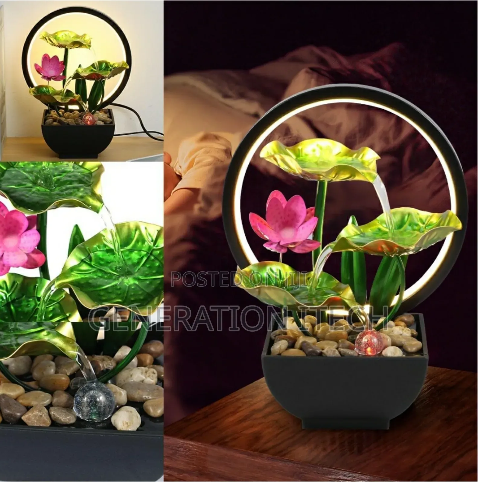 Tabletop Fountain With Rocks, Led Ring Lights, 3-Waterfall