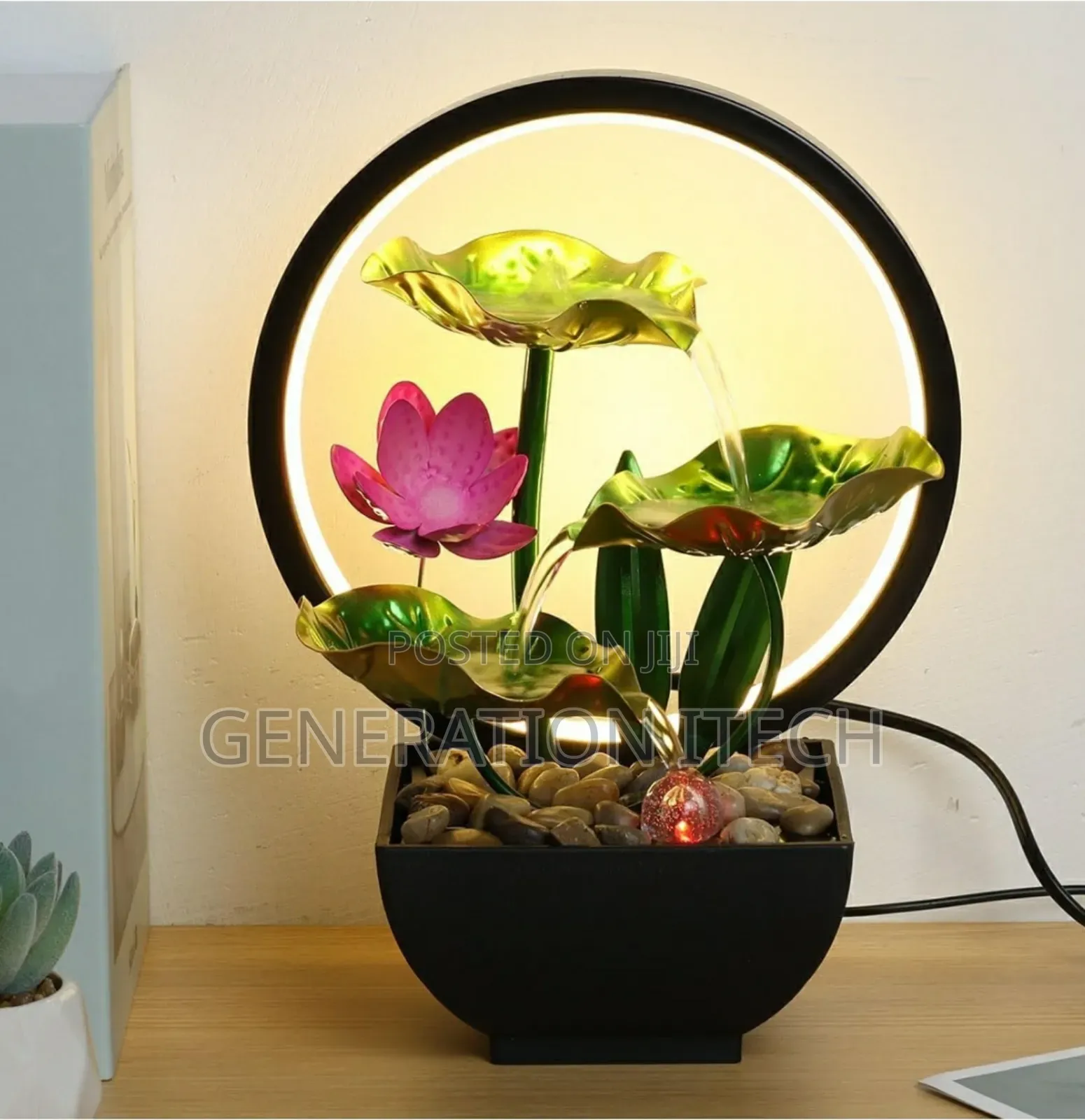 Tabletop Fountain With Rocks, Led Ring Lights, 3-Waterfall
