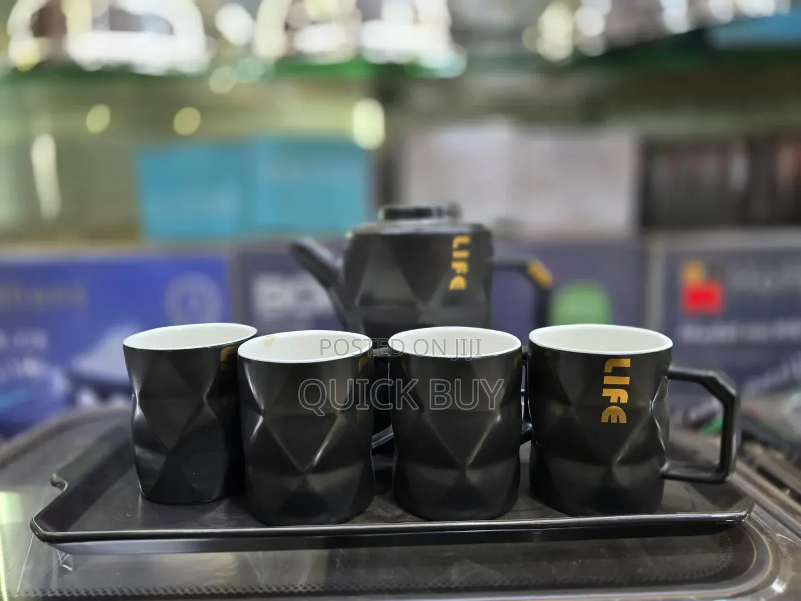Ceramic Black Teapot Set With 4 Cups Tray