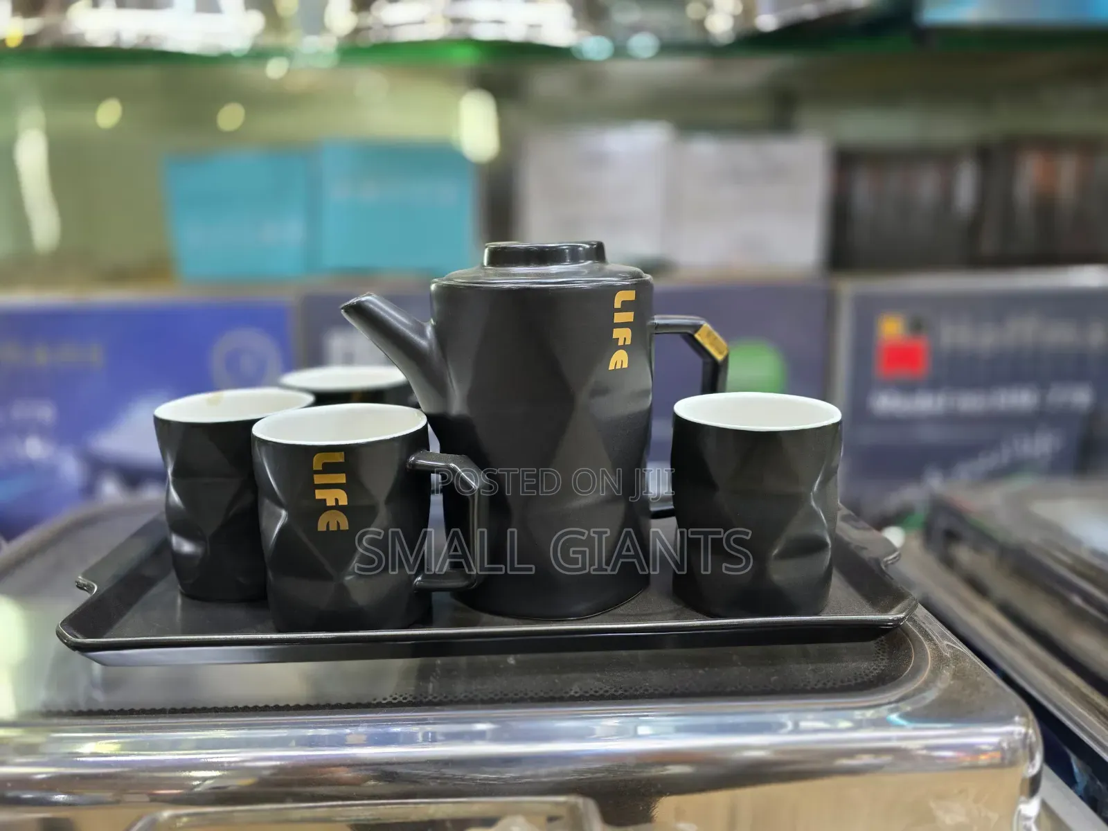 Ceramic Black Teapot Set With 4 Cups Tray