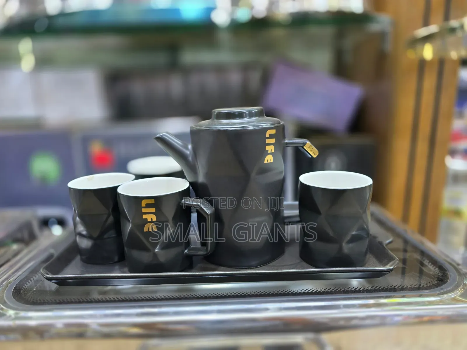 Ceramic Black Teapot Set With 4 Cups Tray