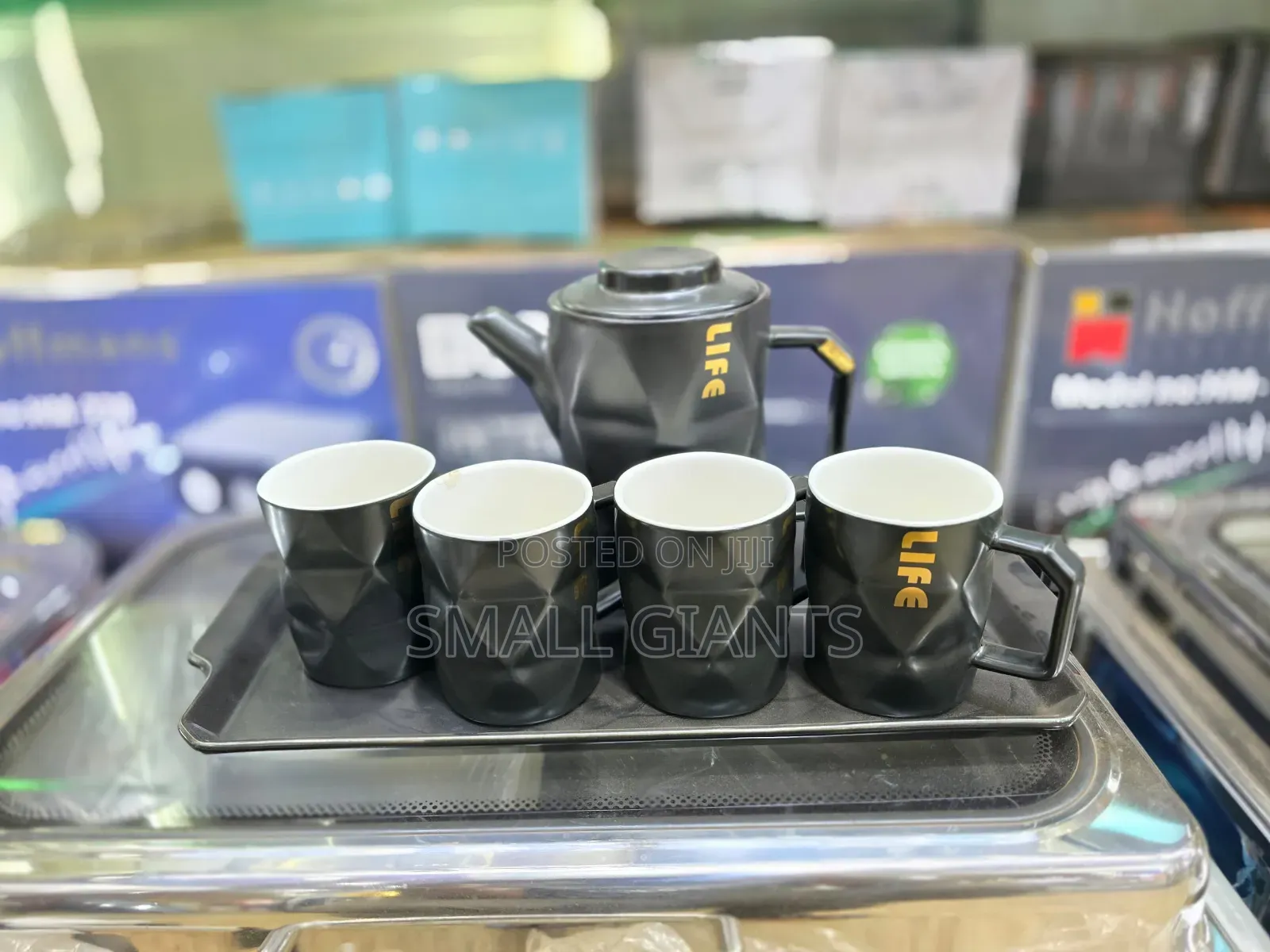 Ceramic Black Teapot Set With 4 Cups Tray