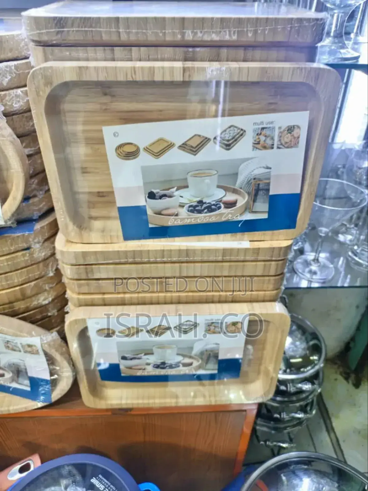 Stack of Rectangular Bamboo Serving Trays