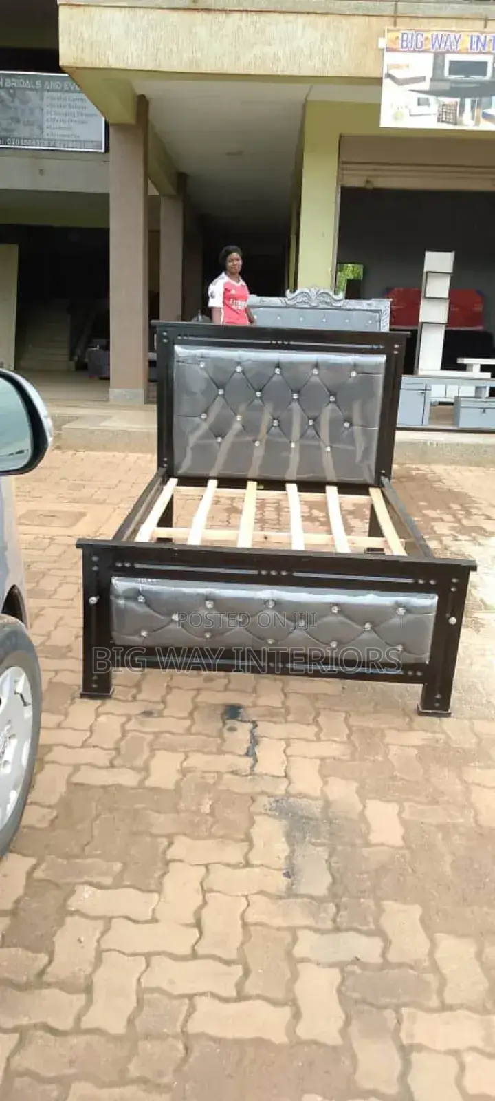 4by6 Gray Leather Bed With Many Buttons on Back