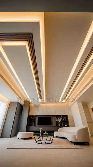 Gypsum Ceilings Designs With Fluted Panels and Strip Lights.