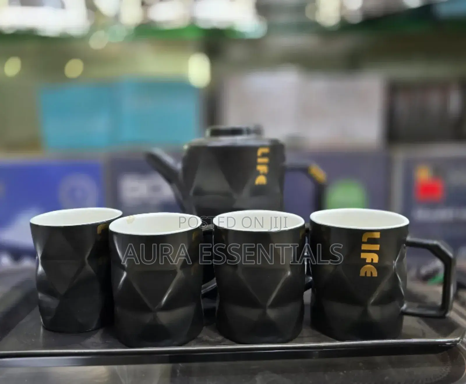 Ceramic Black Teapot Set With 4 Cups Tray