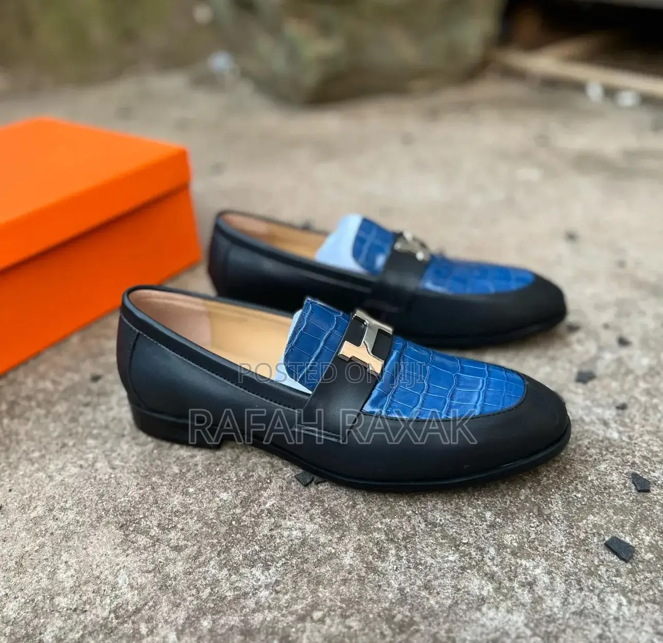 Original Men’S Designer Black/Blue Hermes Leather Loafers