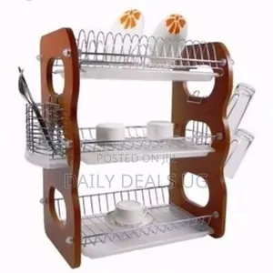 3 Layer Wooden/Stainless Dish Drainer With Utensils Holder