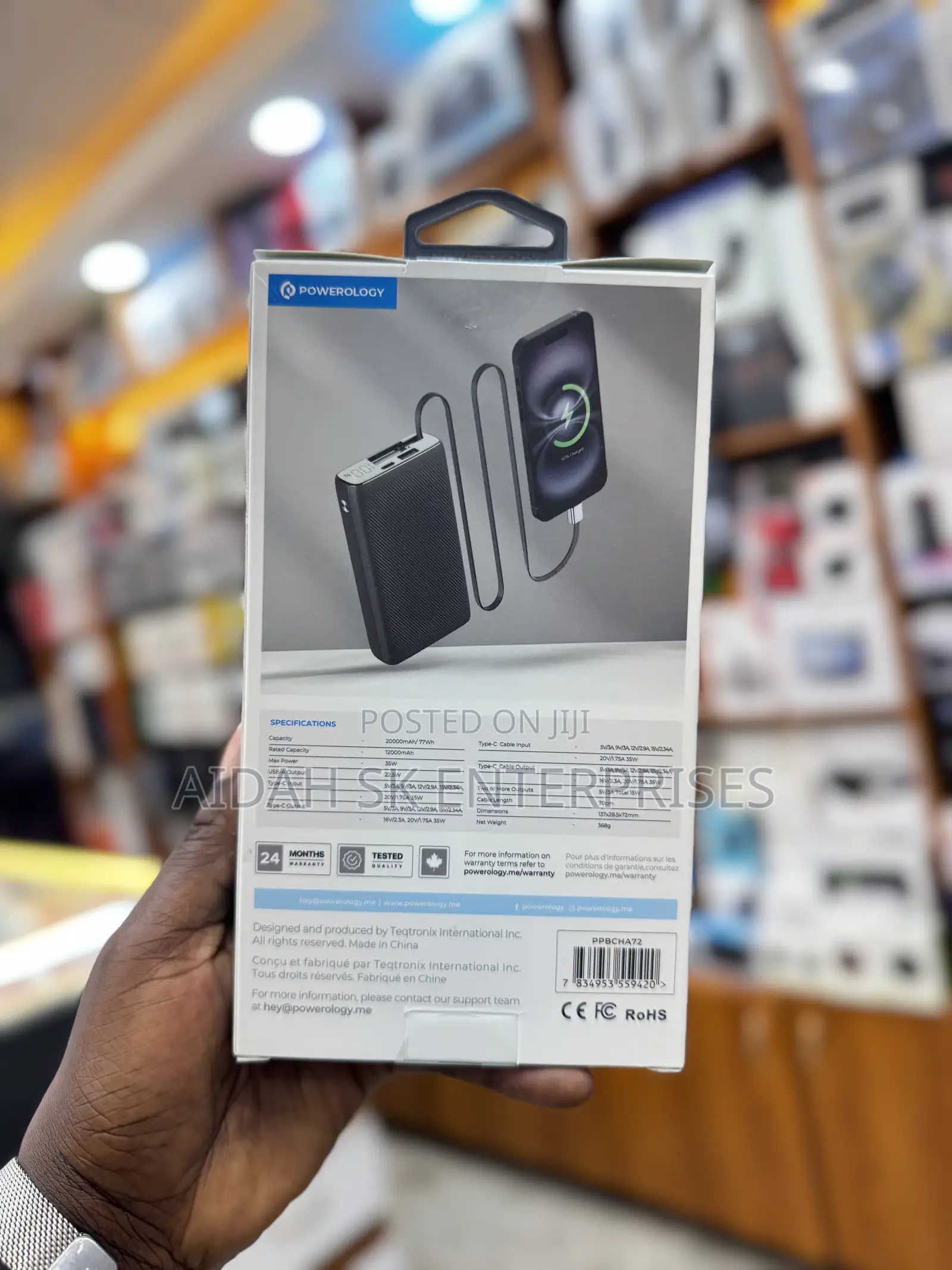 Powerology 20000mah Retractable Cable 35w Max Power