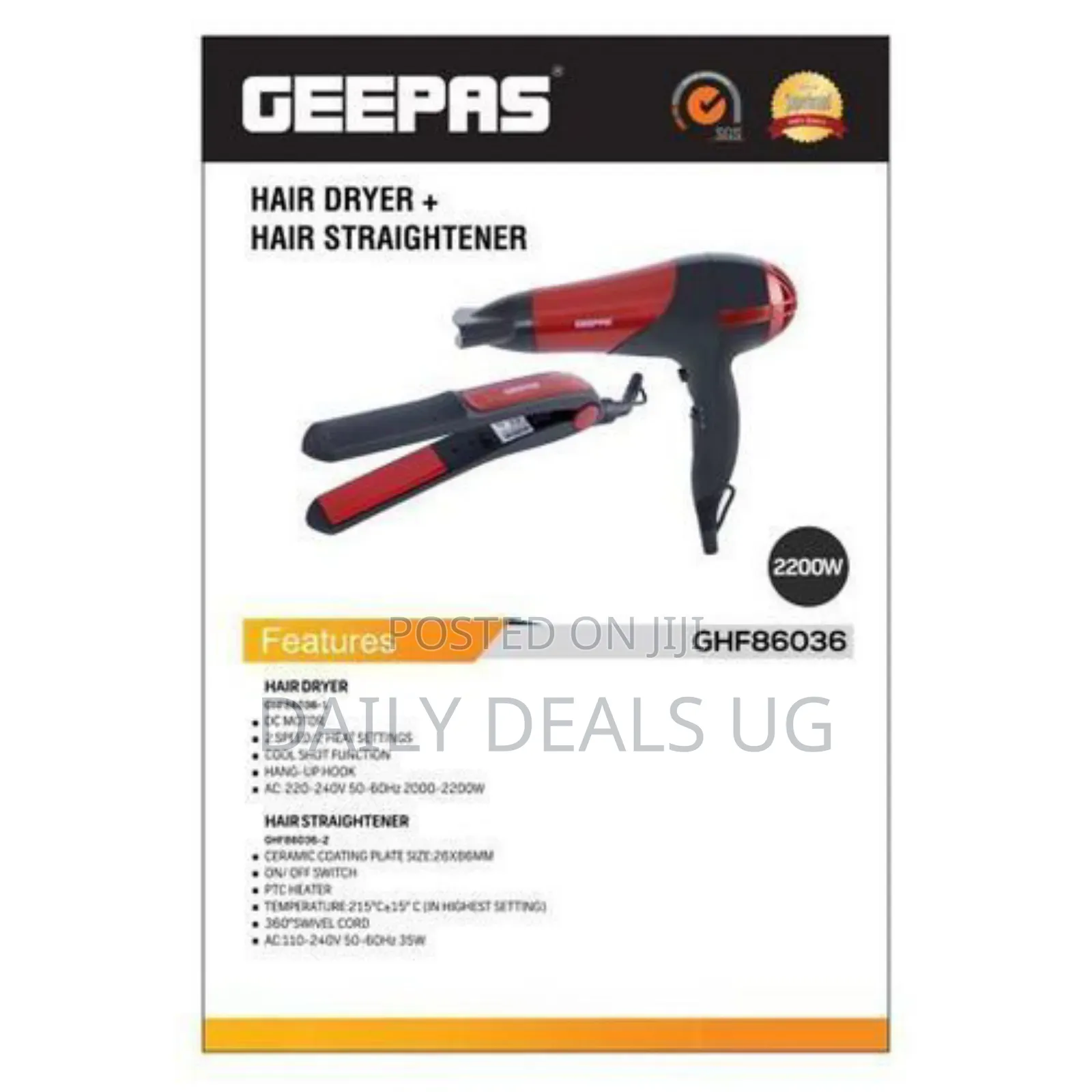 Geepas 2 in 1 Hair Dryer Straightenercombo/Ceramic, Red,