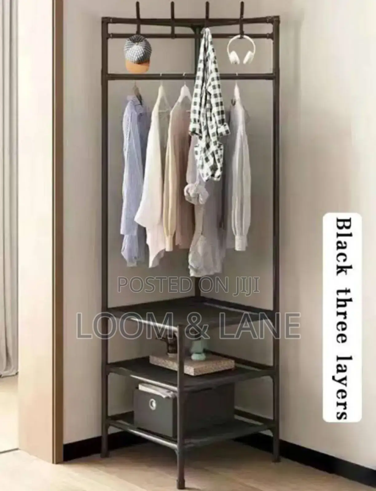 Black 3 Layer Corner Hall Tree Garment Rack