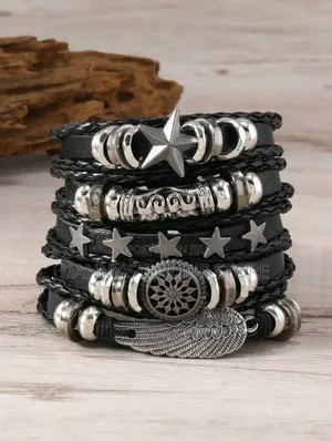 Set of 5 Black Summer New Fashion Leather Bracelet