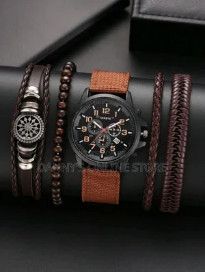 5pc Set Men Watch Men's Brown Canvas Strap Quartz Wristwatch