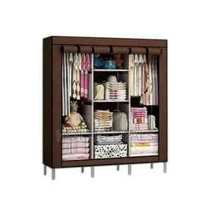3 Column Cloth & Steel Wardrobe Not Assembled - Brown