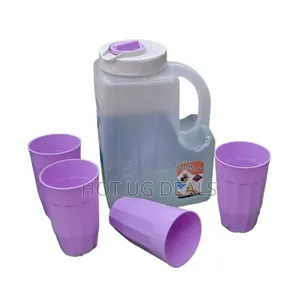 Plastic Water Fridge Bottle With 4 Glasses - Multi Color