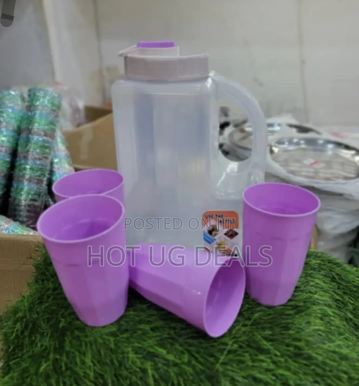 Plastic Water Fridge Bottle With 4 Glasses - Multi Color