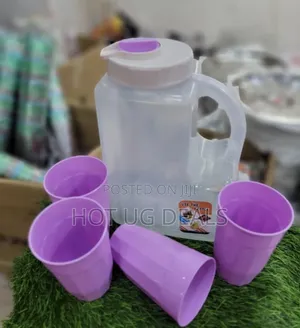 Plastic Water Fridge Bottle With 4 Glasses - Multi Color