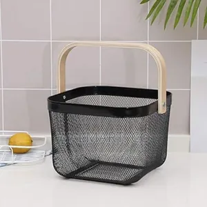 Square Metal Mesh Fruit Basket With Wooden Handle