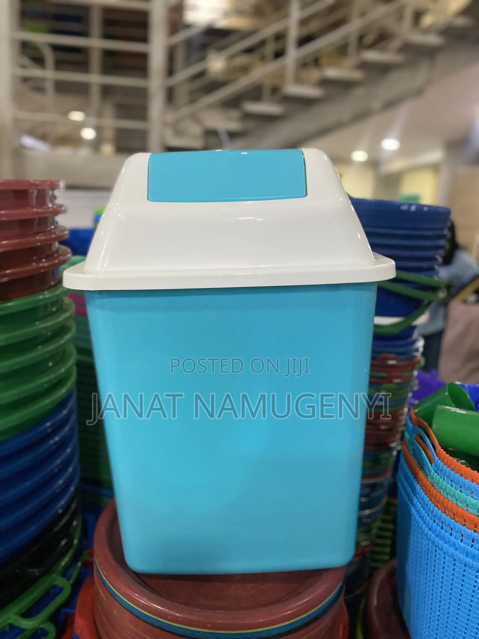 Blue Plastic Dustbin With Swing Lid