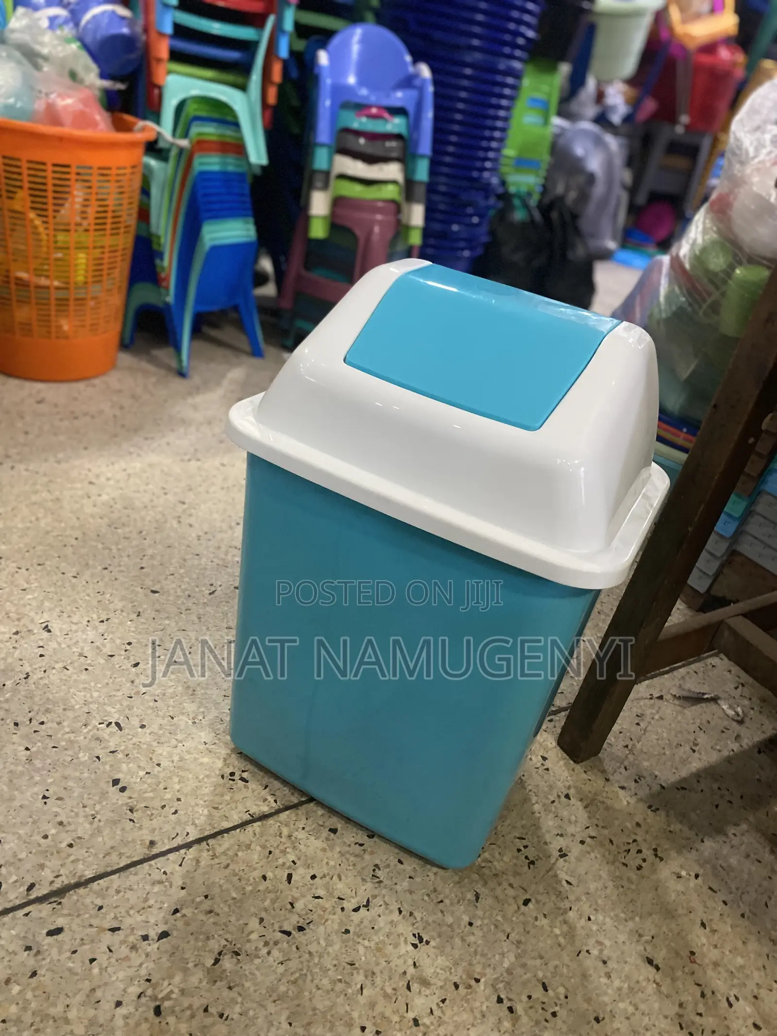 Blue Plastic Dustbin With Swing Lid