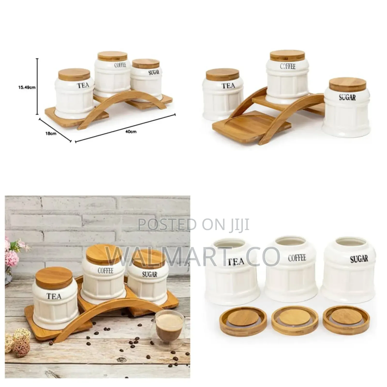 3 PCS Ceramic Storage Canisters With Wooden Base