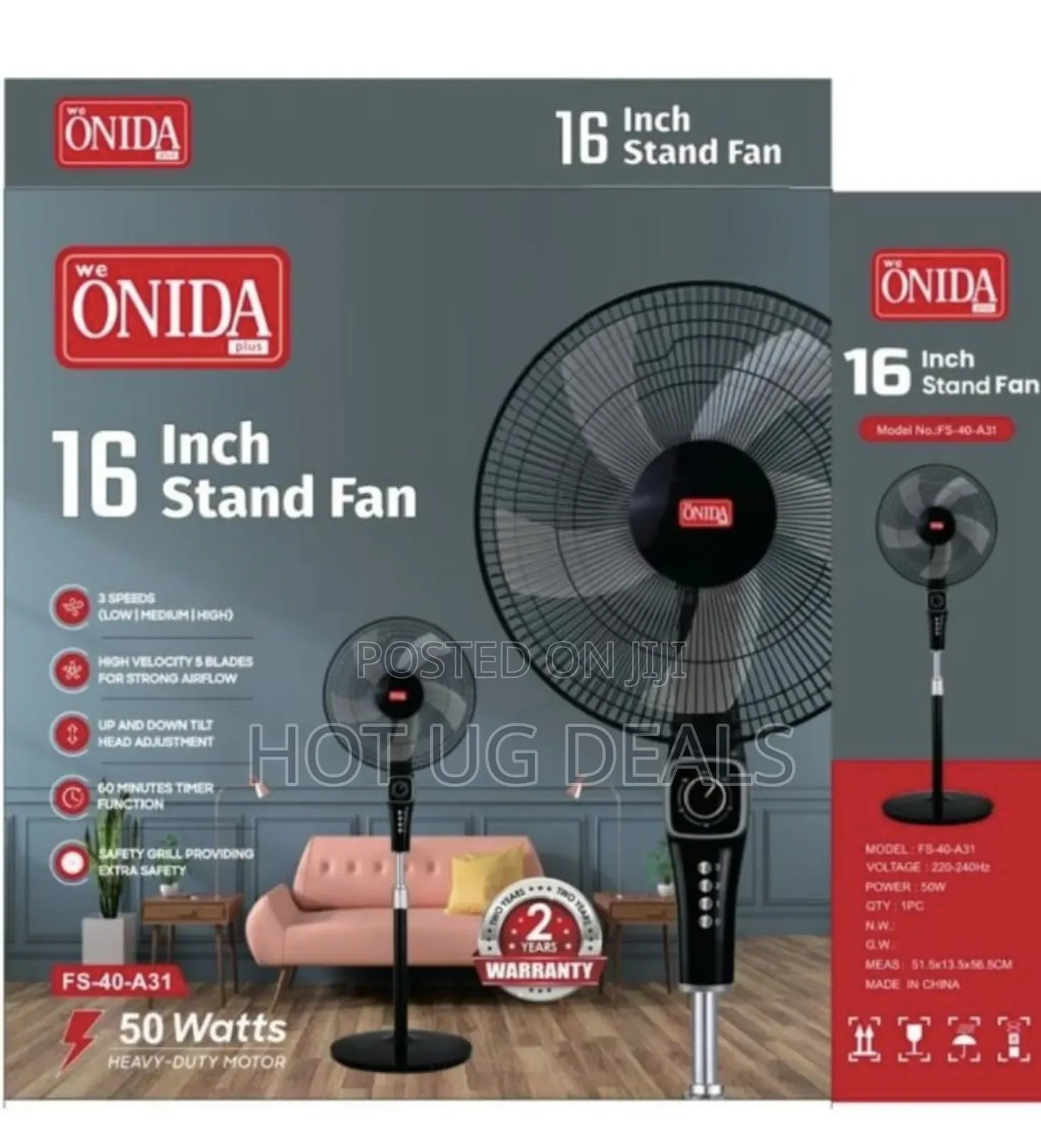 Onida Plus 16" Electric Stand  Fan Oscillating & Adjustable