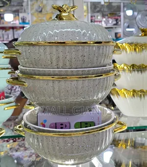 Cookware Set With Speckled Gray Finish Gold Accents