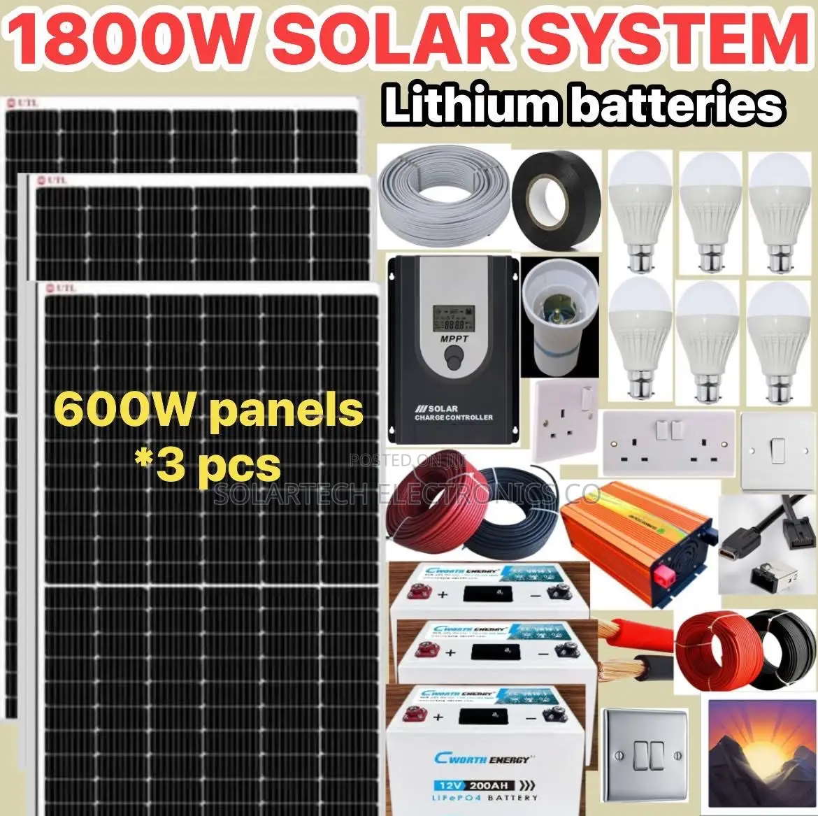 1800w Solar System Kit With Lithium Batteries/ Long Lifespan