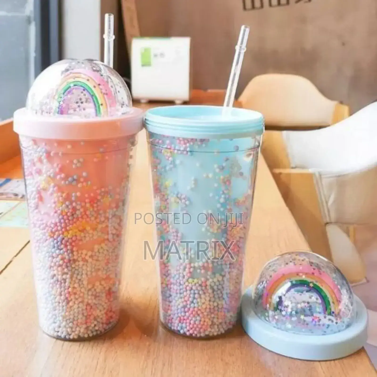 2-Layer Ice Cream Juice Bottle Cup With Straw-Multi-Colours