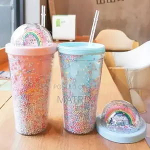 2-Layer Ice Cream Juice Bottle Cup With Straw-Multi-Colours