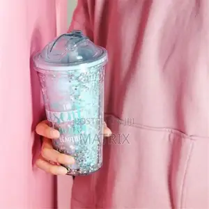 2-Layer Ice Cream Juice Bottle Cup With Straw-Multi-Colours