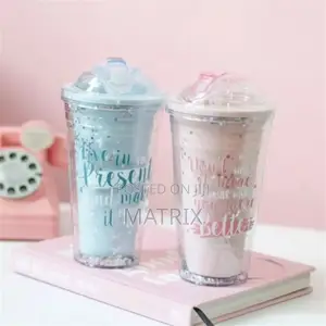 2-Layer Ice Cream Juice Bottle Cup With Straw-Multi-Colours