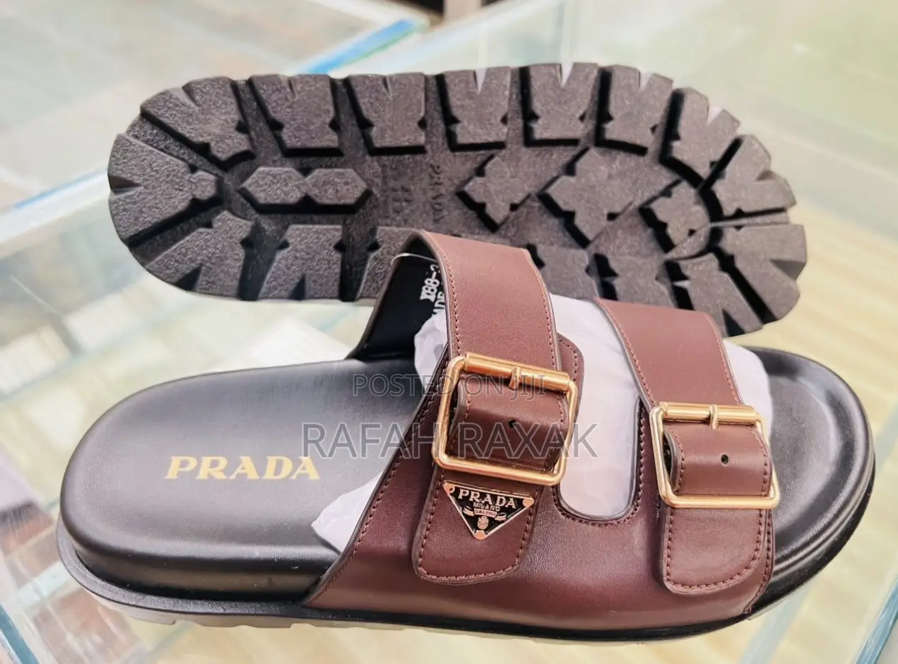Original Men’S Brown Double Strap Prada Leather Sandals