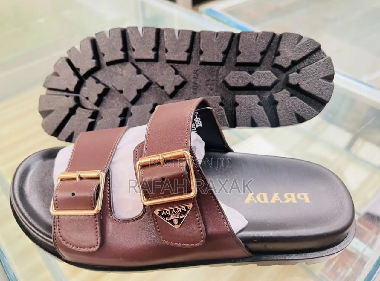 Original Men’S Brown Double Strap Prada Leather Sandals